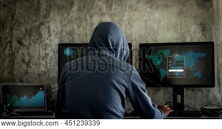 Hacker, Hacker Hacks Network, Hacker On A Dark Background. Dangerous Hooded Hacker Breaks Into Gover