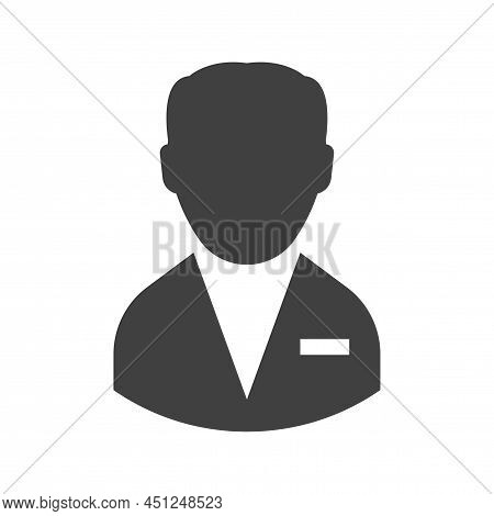 Manager Icon. A Simple Glyph Depiction Of The Upper Half Of A Man In A Suit With A Name Tag. Isolate