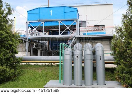 Gas Transportation System. Booster Pumping Station For Gas. Gas Filling Station And Gas Tanks. Trans
