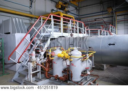 Gas Transportation System. Booster Pumping Station For Gas. Gas Filling Station And Gas Tanks. Trans