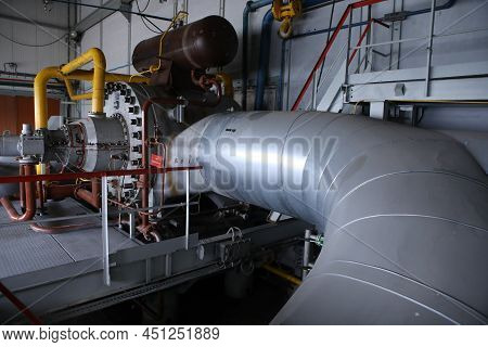 Gas Transportation System. Booster Pumping Station For Gas. Gas Filling Station And Gas Tanks. Trans