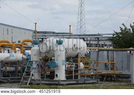 Gas Transportation System. Booster Pumping Station For Gas. Gas Filling Station And Gas Tanks. Trans