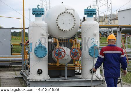 Gas Transportation System. Booster Pumping Station For Gas. Gas Filling Station And Gas Tanks. Trans