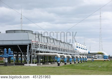 Gas Transportation System. Booster Pumping Station For Gas. Gas Filling Station And Gas Tanks. Trans
