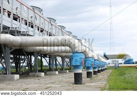 Gas Transportation System. Booster Pumping Station For Gas. Gas Filling Station And Gas Tanks. Trans