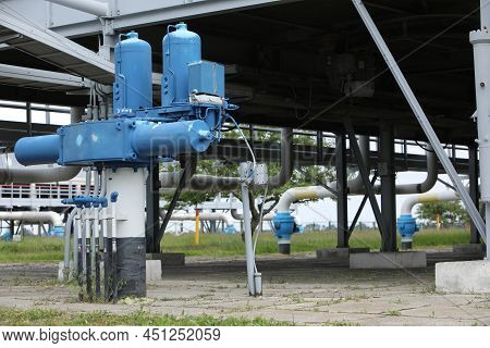 Gas Transportation System. Booster Pumping Station For Gas. Gas Filling Station And Gas Tanks. Trans