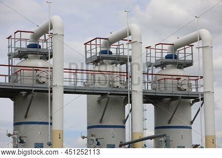 Gas Transportation System. Booster Pumping Station For Gas. Gas Filling Station And Gas Tanks. Trans
