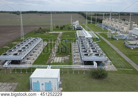 Gas Transportation System. Booster Pumping Station For Gas. Gas Filling Station And Gas Tanks. Trans