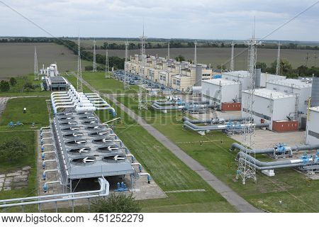 Gas Transportation System. Booster Pumping Station For Gas. Gas Filling Station And Gas Tanks. Trans