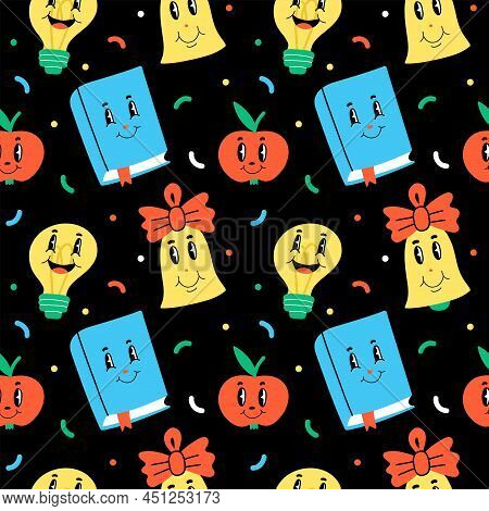 Funny Cartoon Characters Seamless Pattern. Hand Drawn Abstract Faces, Comic Bell And Book, Apple And