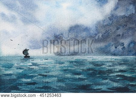 Watercolor Seascape With A Sailboat And Clouds. Image Of An Impending Storm In Dark Colors On Textur