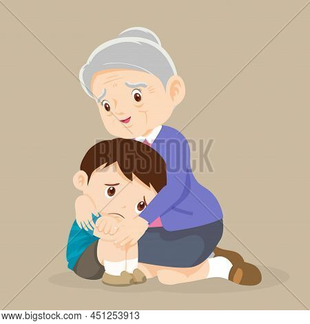 Old Grandma Embracing Little Crying Boy Comforting Upset Granddaughter, Senior Caring Grandmother Hu