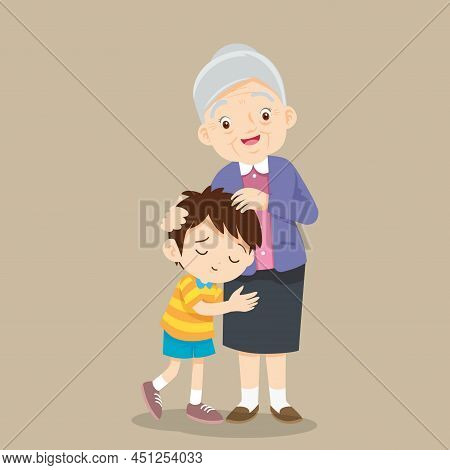 Grandson Hugging His Grandmother.smiling Grandmother Embracing Grand Son Child