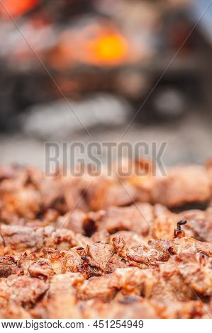 Pork Meat Skewers, Grilled Or Roasted In A Barbecue On An Open Fire And Flames, Shashlik Or Shashlyk