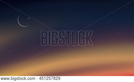 Night Sky With Crescent Moon And Stars Shining,landscape Dramatic Dark Blue, Purple And Orangesky, B