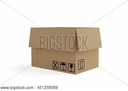 Single Empty Open Corrugated Cardboard Box Or Cardbox Over White Background, Delivery Or Storage Con