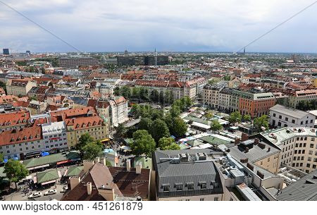 Munich, M, Germany - August 27, 2021: View Of The City And Market