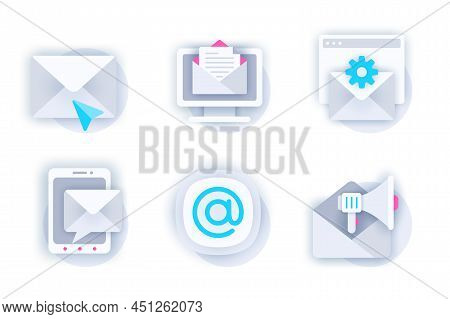Email Service Web Concept Of 3d Paper Icons Set. Pack Flat Pictograms Of Sending Letter, Online Corr