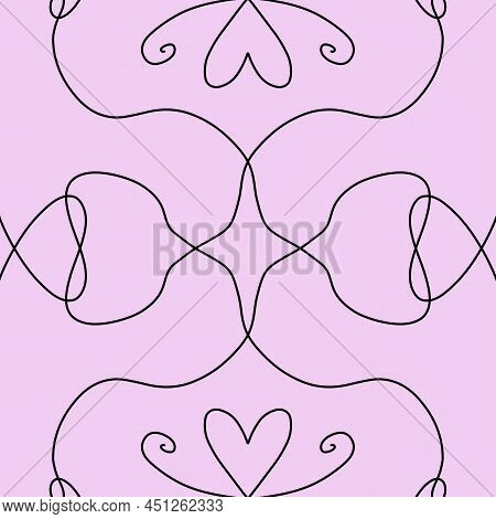 Seamless Pattern On The Pink Background With Heart Elements And Black Lines For Wrapping Paper And D