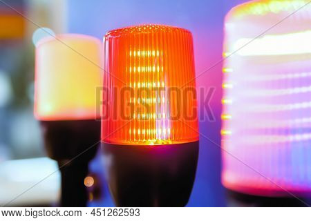 Close Up Of Alarm Lamp Signal Warning Flashing Lights For Industrial Machinery At Emergency, Support