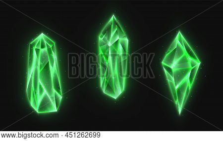 Realistic Crystals Set, Green Glowing Gems Collection