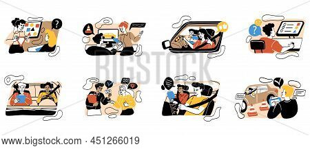 Stages Of Education Process In Driving School. Set Of Men And Women Studying Rules Of Road, Passing 