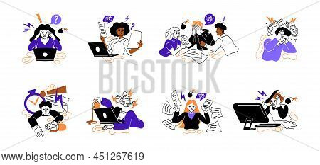 Set Of Busy People In Stress At Work. Men And Women Experience Psychological Pressure Due To Difficu