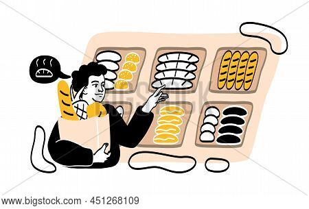 Man Buys Fresh Bread. People In Grocery Store Or Shop. Character Standing With Bag In His Hands, Att