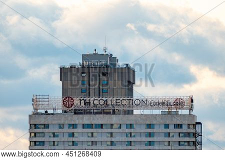 Madrid, Spain - December 10, 2021: Eurobuilding Nh Collection Hotel Against Sky. Telephoto Lens View