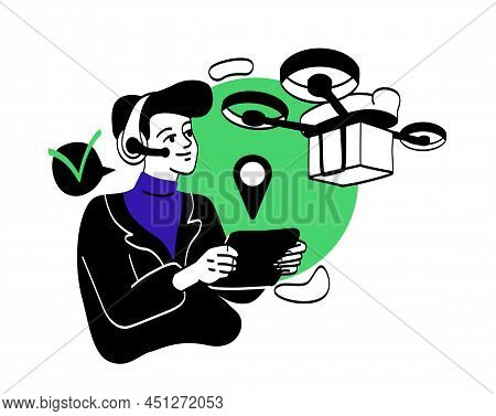 Logistics And Delivery. Character With Tablet In His Hands Controls Drone With Box. Modern Technolog