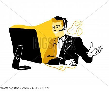 People In Office. Young Man In Suit Sitting In Headphones In Front Of Monitor. Technical Support And