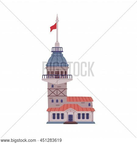 Maiden Tower With Flag As Turkey Building Vector Illustration
