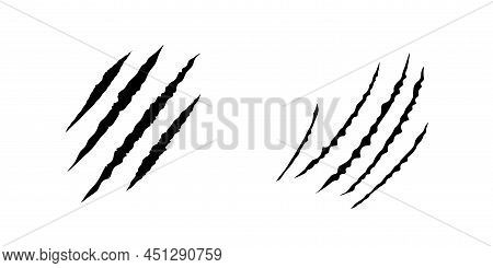 Set Of Black Bloody Claws Animal Scratch Scrape Track. Cat, Tiger, Bear, Lion Scratches Paw Shape. F