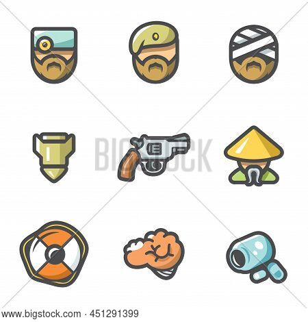 Vector Set Of Military Rehabilitation Icons. Health, Mind, Contusion, War, Suicide, Vietnam, Salvati