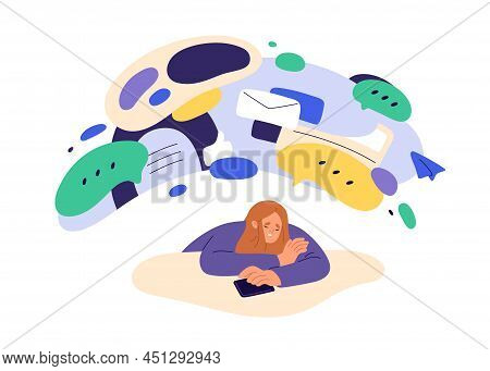 Tired Person Overloaded With Social Media Information, Chats. Woman Under Pressure Of Message, Mail 