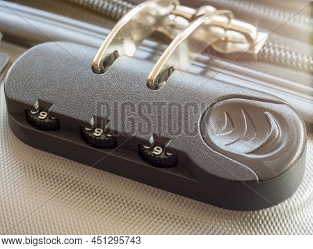 Close Up Travel Bag With Zipping Number Code Locked. Close-up Of Silver Suitcase Number Code Lock. S