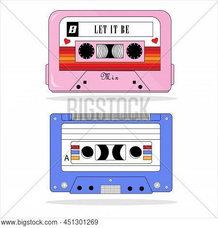 Vintage Tape Cassette. Retro Mixtape, Pop Songs Tapes And Stereo Music Cassettes.
