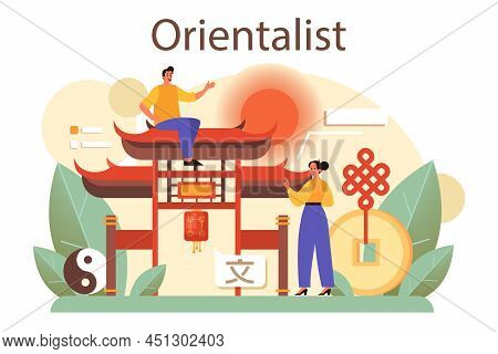 Orientalist Concept. Professional Scientist Researching Near And Far