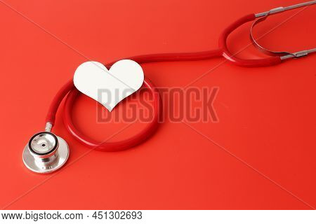 World Health Day Concept - Check Health - Take Care And Love - Stethoscope With Heart