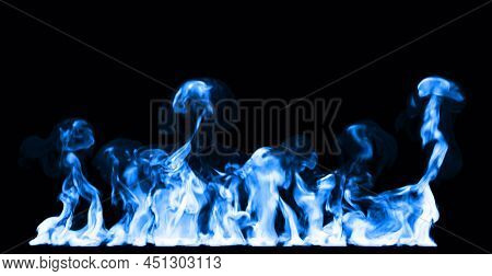 3d Illustration Of Wall Of Large Blue And Lightblue Flames With A Black Background