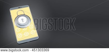 Close Up Of Smartphone With Creative Padlock On Screen. Wide Black Background With Mock Up Plave For