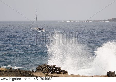 Yacht Sailing Between Montana Clara And La Graciosa. Chinijo Archipelago Natural Park. Canary Island