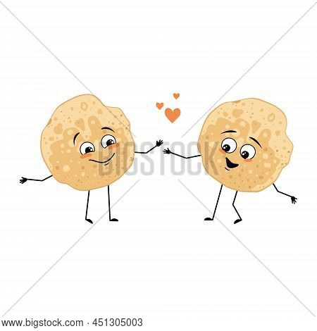 Pancake Character With Love Emotions, Smile Face, Arms And Legs. Baking Person, Homemade Pastry With