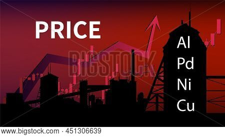 Price Growth Charts For Aluminum, Palladium And Copper On Red Background With Factory Silhouette. Wo