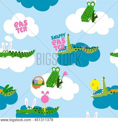 Croco Easter Egg Hunt Party - Funny Cartoon Crocodile, Chick, And Eggs. Cute Characters. Hand Drawn 
