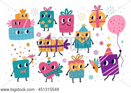 Cute Gift Boxes. Holiday Presents Characters, Funny Birthday Paper Wrappers, Bow And Ribbon, Pretty 