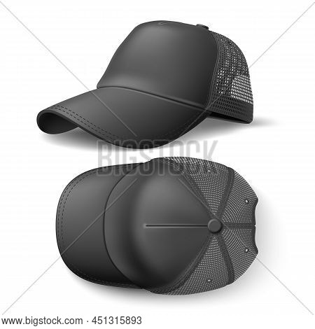 Snapback Baseball Cap Mockup. Realistic Black Sports Headdress With Visor And Translucent Mesh On Oc