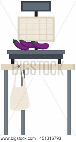 Electronic Market Scale With Eggplant. Equipment For Supermarket, Grocery Store. Device For Weighing