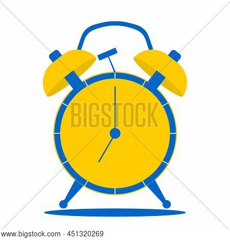 Vintage Alarm Clock With Yellow And Blue Color Arrows Showing 7am Isolated On White Background. It's