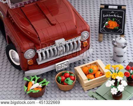 Tambov, Russian Federation - January 02, 2022 A Lego Pickup Truck With Crates Of Vegetables, Milk Bu